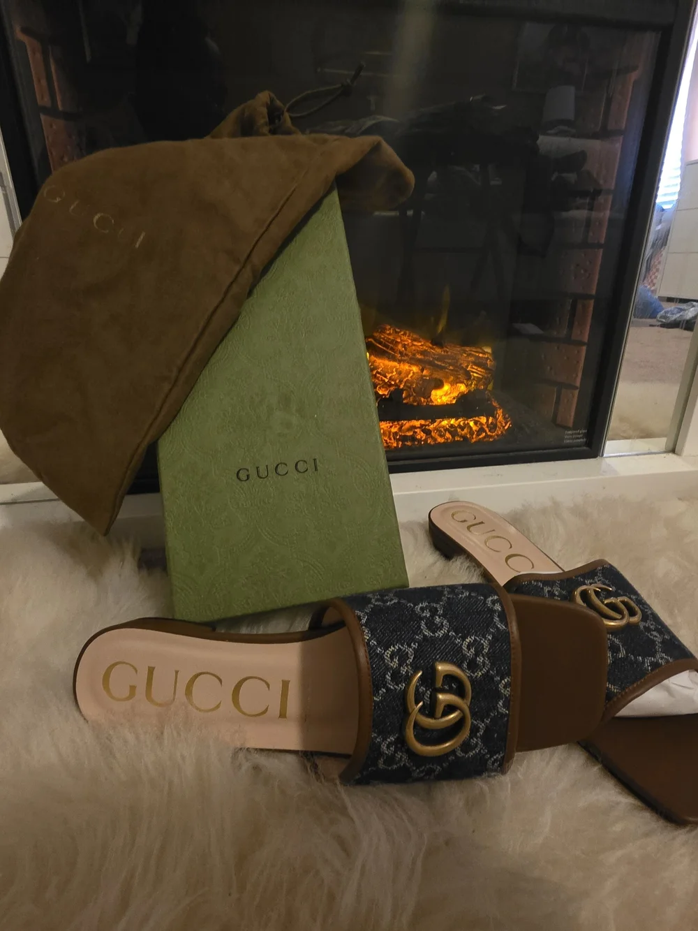 Gucci Brown Leather & Blue Monogram GG Slide Sandals with Gold Hardware